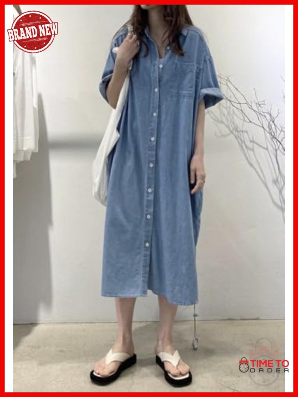 Women's Casual Short Sleeve Long Denim Shirt Dress Button Down Loose Fit Midi - Picture 2 of 5